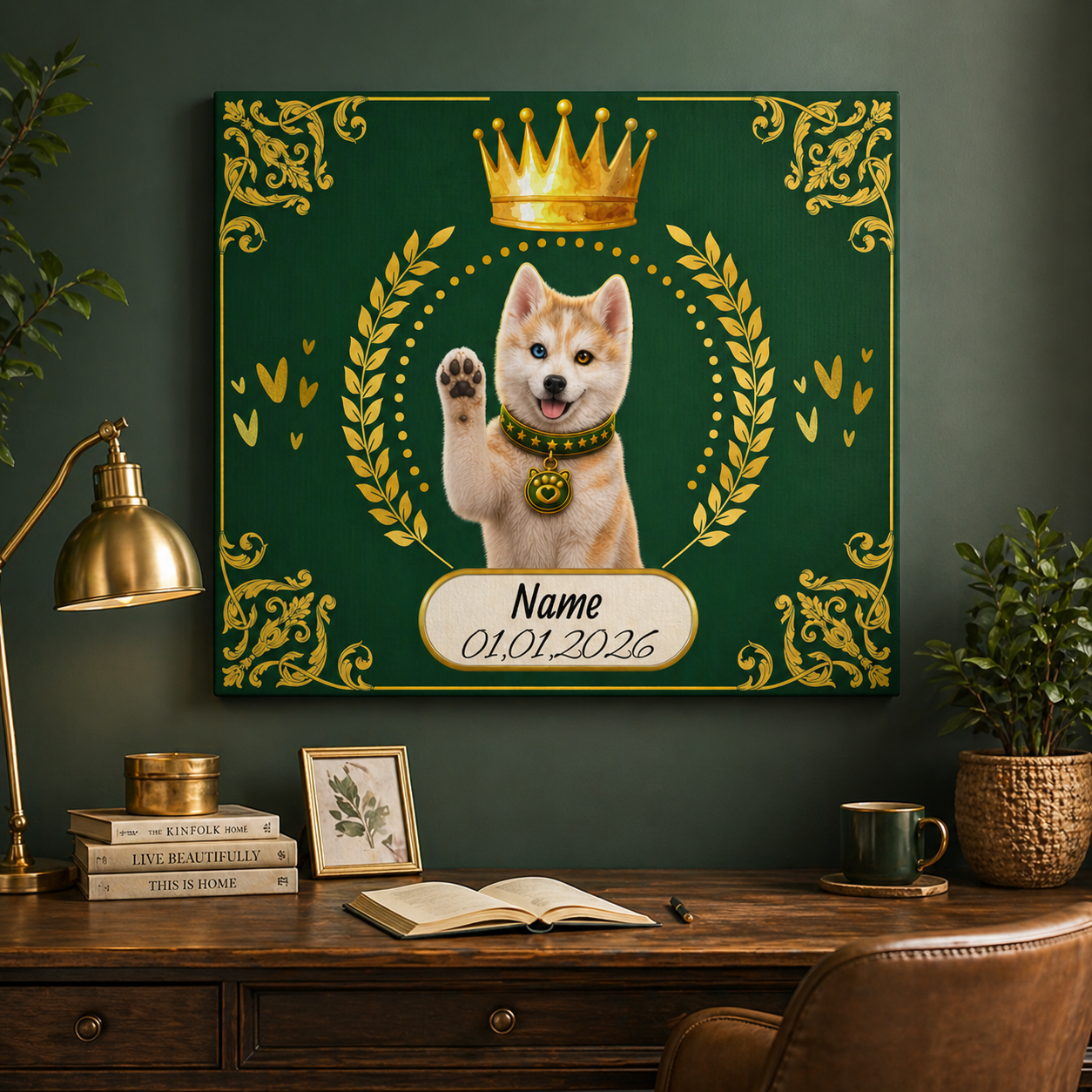 Personalized Puppy Crown Canvas — Custom Name & Date Wall Art