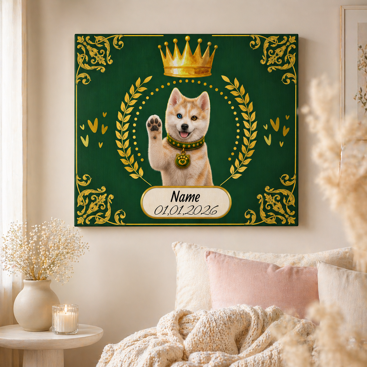 Personalized Puppy Crown Canvas — Custom Name & Date Wall Art