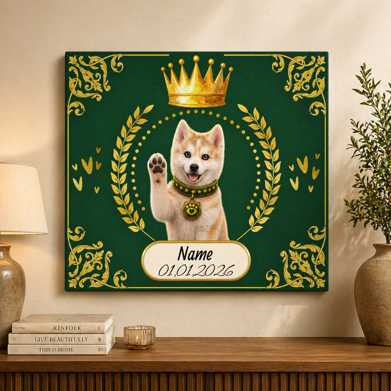 Personalized Puppy Crown Canvas — Custom Name & Date Wall Art