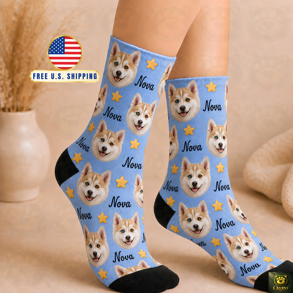 Custom Pet Face Socks From Photo, Personalized Dog Cat Portrait Socks, Unisex Calf Length Socks, Pet Mom Dad Gift Idea