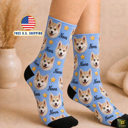 Custom Pet Face Socks From Photo, Personalized Dog Cat Portrait Socks, Unisex Calf Length Socks, Pet Mom Dad Gift Idea